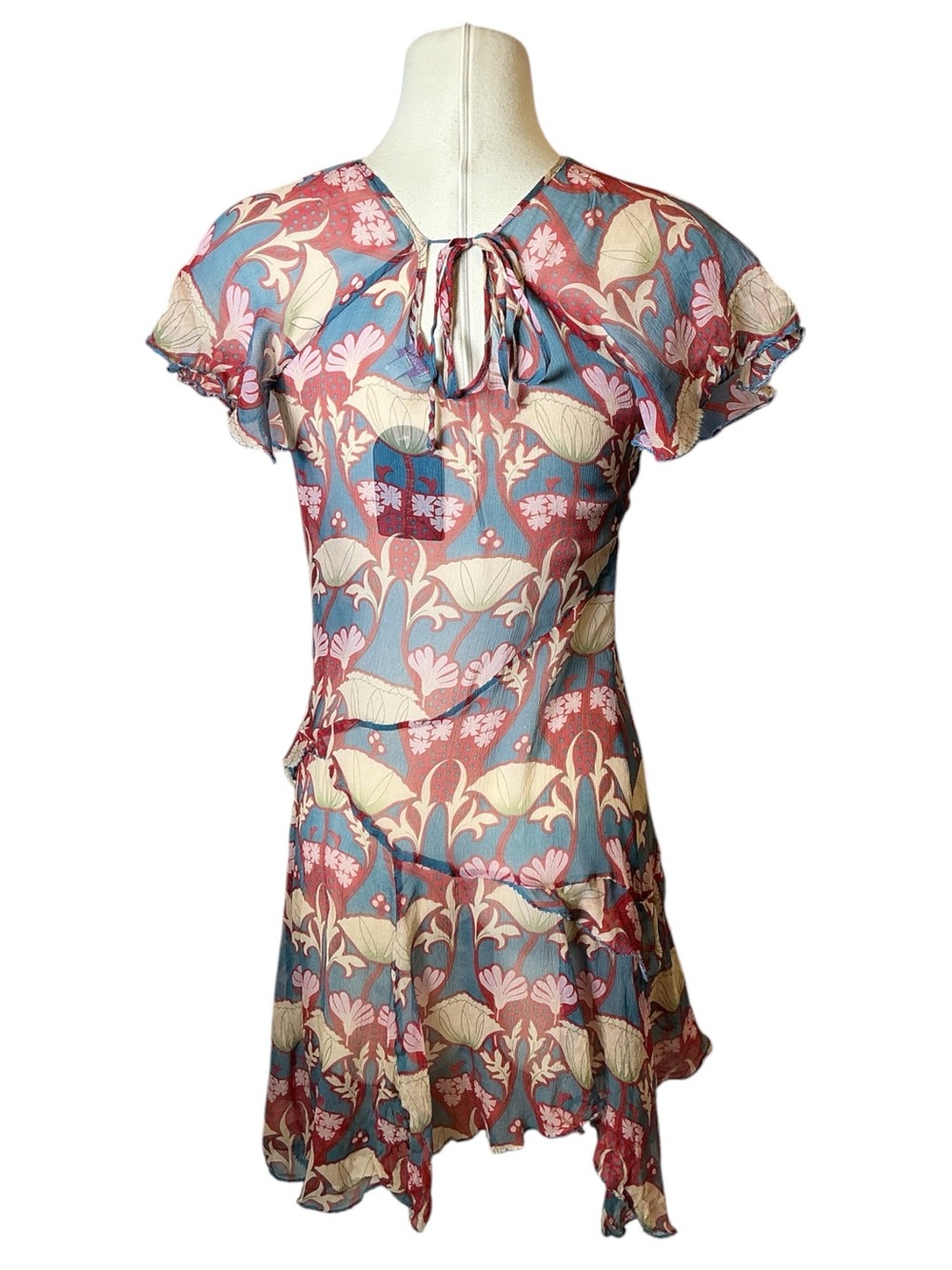 Y2K Whistles London Floral Print Sheer Flutter Sleeve Mini Party Dress Size 4